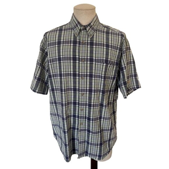 Vintage WOOLRICH Short Sleeve Oxford Shirt Mens Size Large Green Plaid - Picture 1 of 7